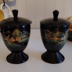 Vintage Lacquerware Cups with Lids. Beautiful Hand Painted Design.